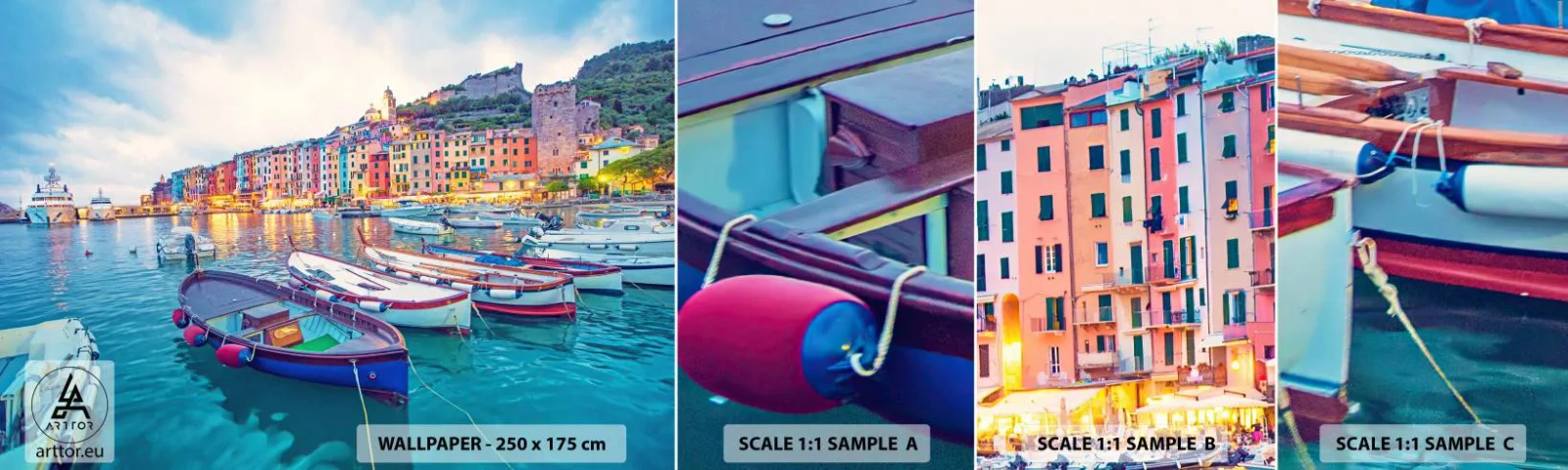 Amostra de papel de parede autocolante Deluxe Sticker - Uma noite colorida no porto - Porto da cidade, Arquitetura, Paisagem - 100x30 cm