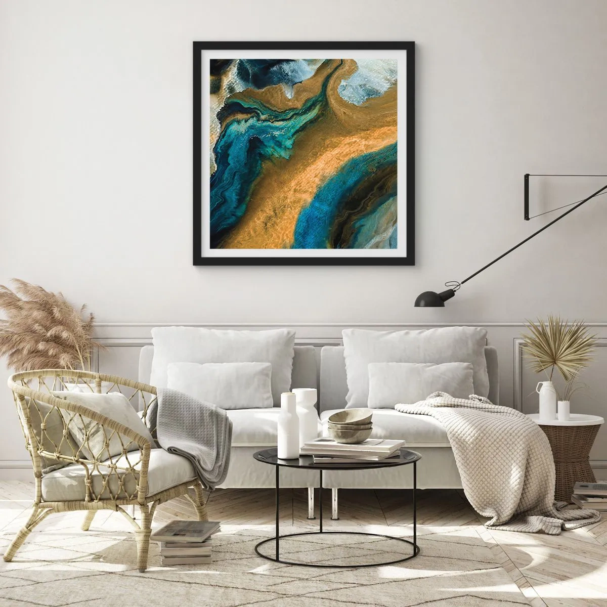 Pôster com moldura preta - Azul – amarelo – influências mútuas - 40x40 cm