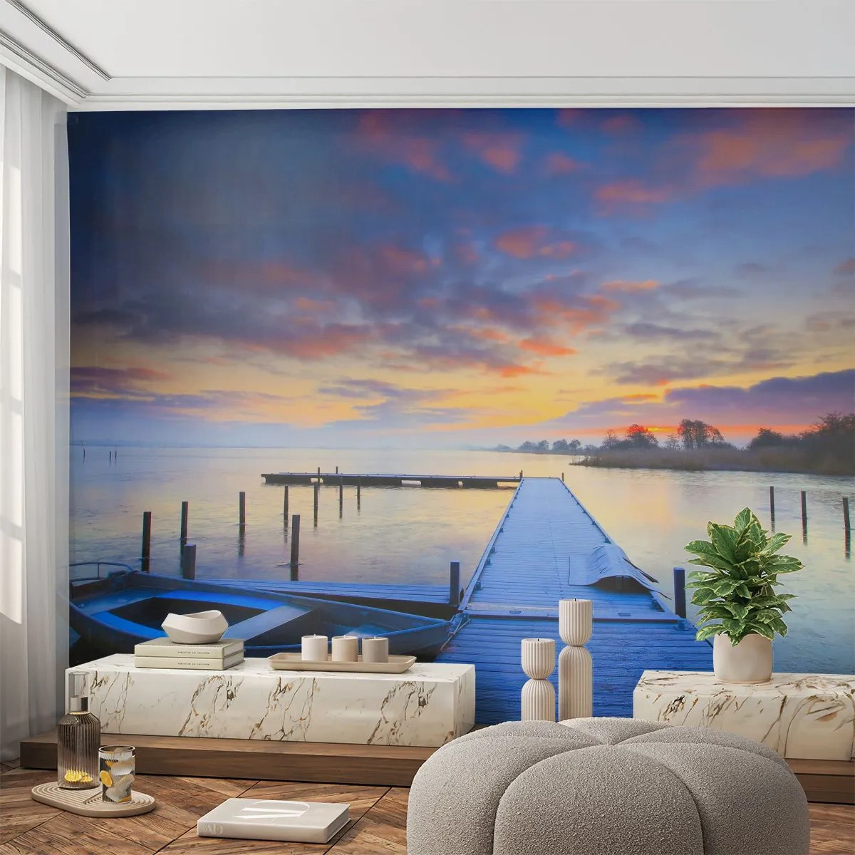 Papel de Parede Autocolante Deluxe Sticker - Paz violeta-dourada - Paisagem, Lago, Barco - 250x175 cm