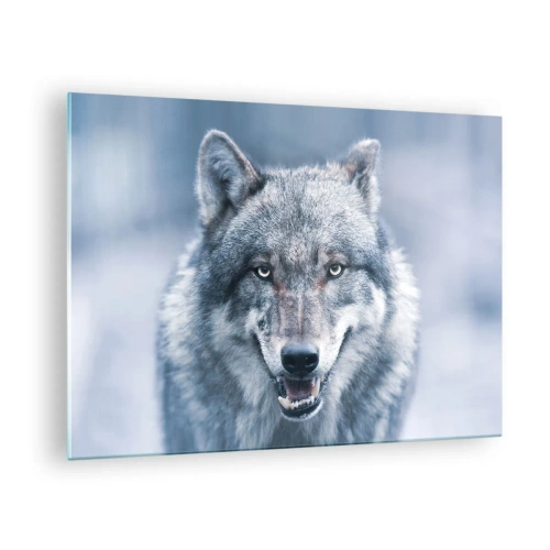 Quadro em vidro - Um lobo com um olhar penetrante contra o fundo de uma floresta nevada - 70x50cm - Vai aceitar o desafio? - Decoração de parede moderna para a sala de estar e quarto ARTTOR