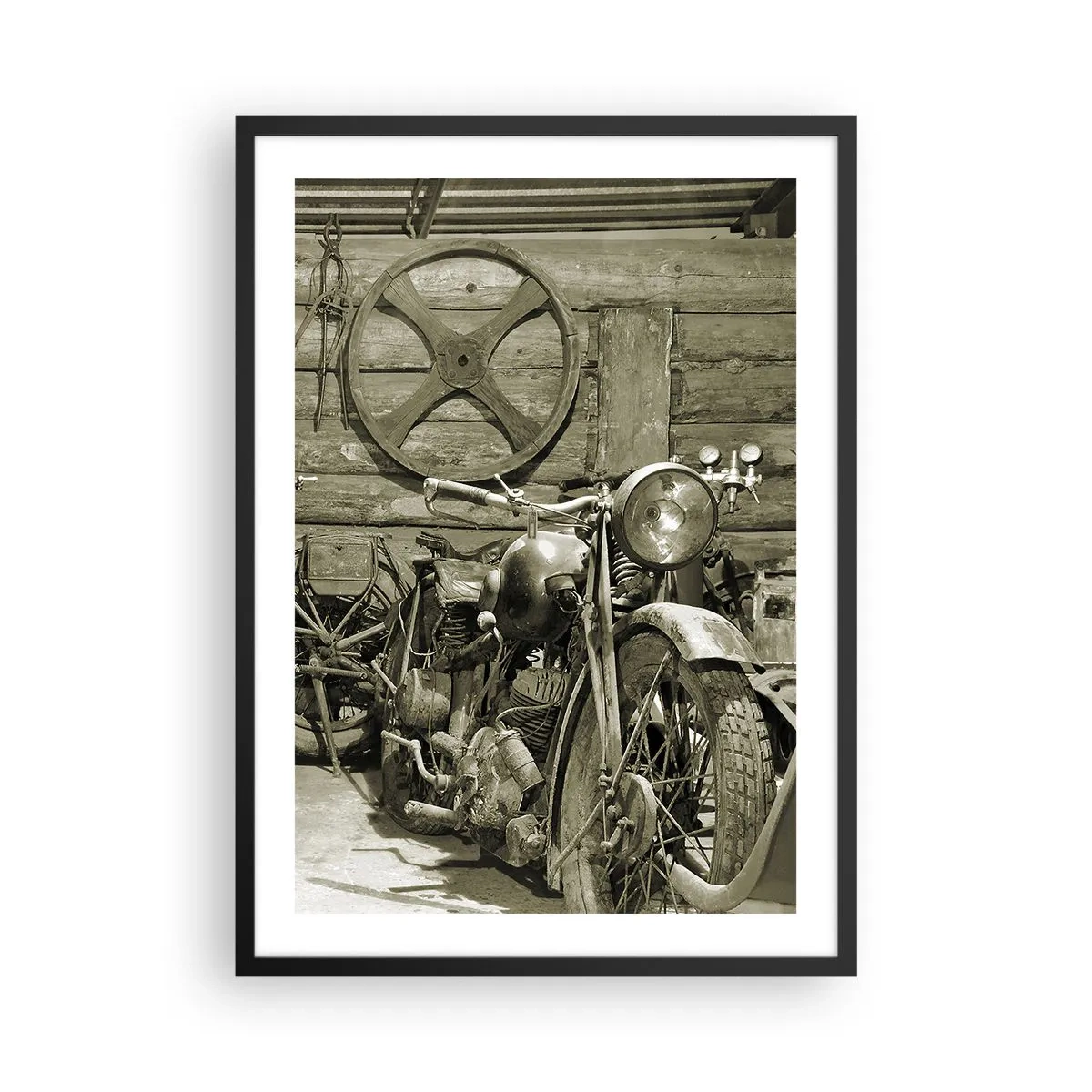 Pôster com moldura preta - Uma motocicleta velha em um galpão de madeira com uma roda ao fundo - 50x70cm - No depósito do tio Jorge - Decoração de parede moderna para a sala de estar e quarto ARTTOR