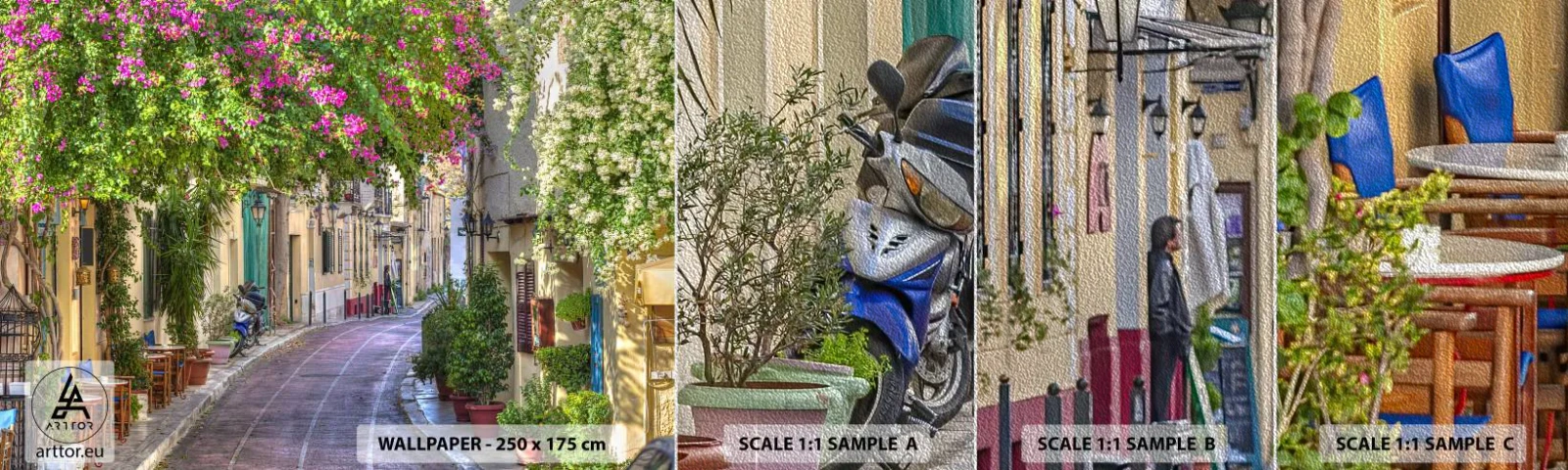 Amostra de papel de parede Premium Sand - Beco florido - Arquitetura, Grécia, Cidade - 100x30 cm
