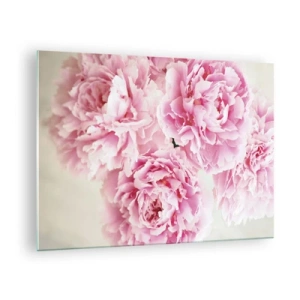 Quadro em vidro - Um buquê de peônias rosas em um fundo claro - 70x50cm - Em esplendor rosa - Decoração de parede moderna para a sala de estar e quarto ARTTOR