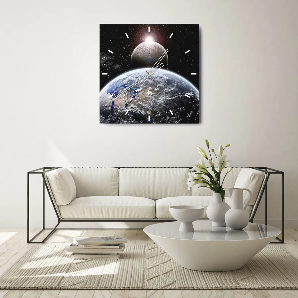 Relógio de parede - Relógio em vidro - Paisagem espacial - o nascer do sol - 40x40 cm