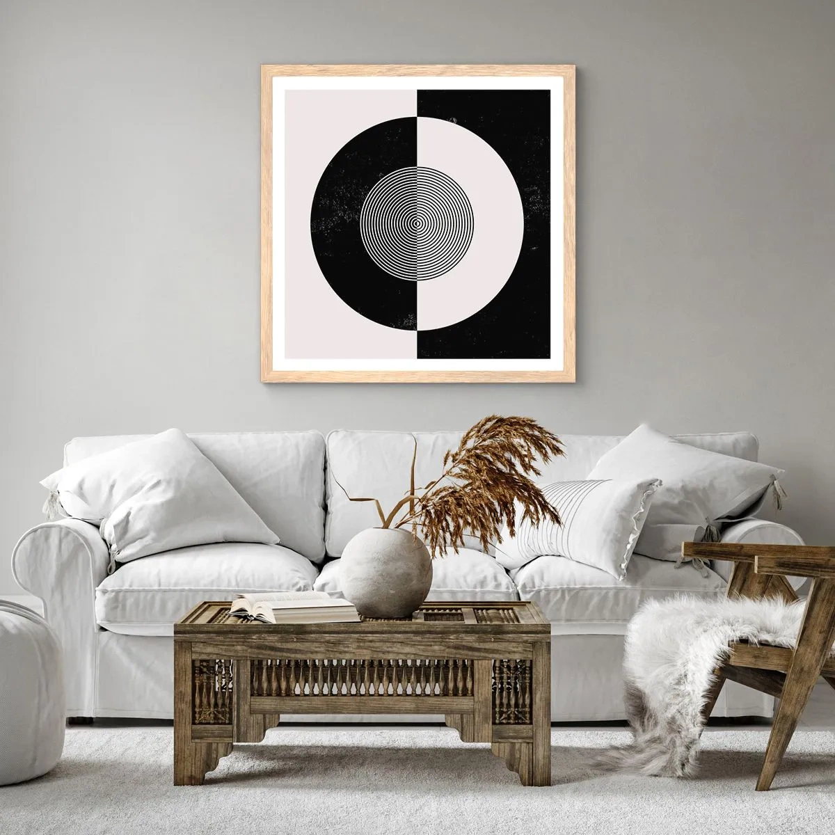 Pôster com moldura de carvalho claro - Harmonia a preto e branco - 40x40 cm