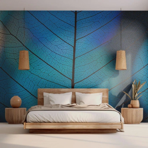 Papel de Parede Standard Eco - Estrutura foliar em tons de azul e azul marinho - 100x70cm - Construção complexa - Decoração de parede moderna para a sala de estar e quarto ARTTOR