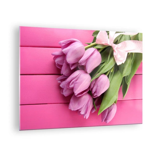 Quadro em vidro - Um buquê de tulipas rosa em um fundo de madeira - 70x50cm - Só para si - Decoração de parede moderna para a sala de estar e quarto ARTTOR