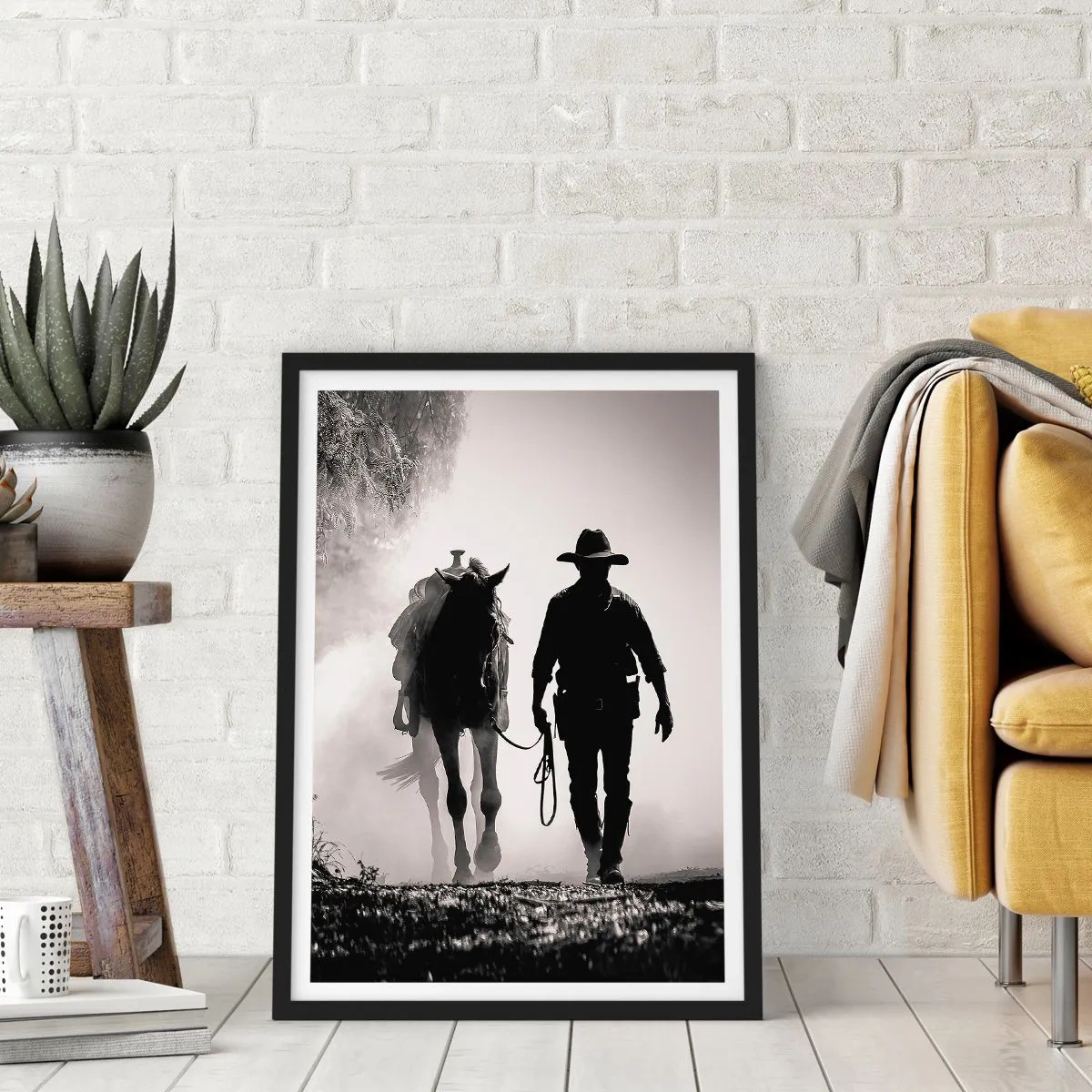 Pôster com moldura preta - Silhueta de um cowboy com seu cavalo na neblina da manhã - 50x70cm - Manhã no Texas - Decoração de parede moderna para a sala de estar e quarto ARTTOR