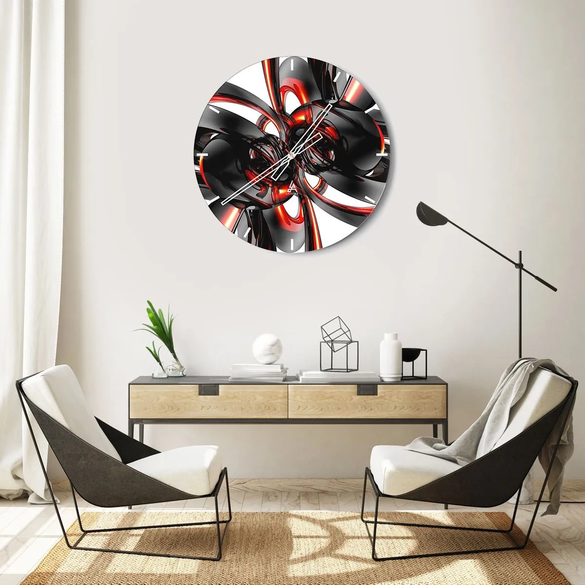 Relógio de parede - Relógio em vidro - Padrão abstrato com formas vermelhas e pretas - 30x30cm - Movimento em grafite e vermelho - Decoração de parede moderna para a sala de estar, cozinha e quarto ARTTOR