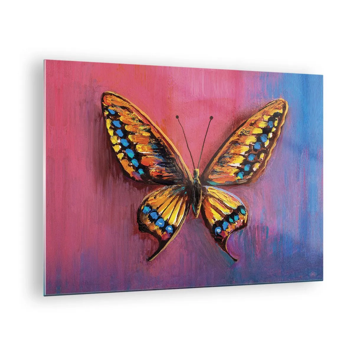 Quadro em vidro - Uma borboleta colorida sobre um fundo em tons de rosa e roxo - 70x50cm - Uma joia da natureza - Decoração de parede moderna para a sala de estar e quarto ARTTOR