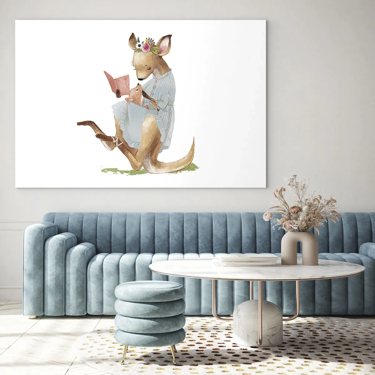 Quadro em vidro - Uma mãe canguru lendo um livro para um bebê canguru - 70x50cm - Leia para mim, mamãe - Decoração de parede moderna para a sala de estar e quarto ARTTOR