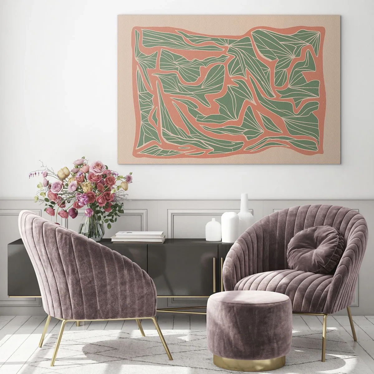 Quadro em vidro - Formas de folhas verdes cercadas por uma moldura de coral em um fundo bege - 70x50cm - A luta entre coral e vegetação - Decoração de parede moderna para a sala de estar e quarto ARTTOR
