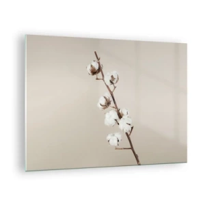 Quadro em vidro - Um raminho de algodão sobre um fundo claro e minimalista - 70x50cm - Na fonte da suavidade - Decoração de parede moderna para a sala de estar e quarto ARTTOR