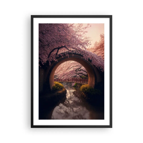 Pôster com moldura preta - Uma ponte romântica entre flores de cerejeira - 50x70cm - Primavera japonesa - Decoração de parede moderna para a sala de estar e quarto ARTTOR