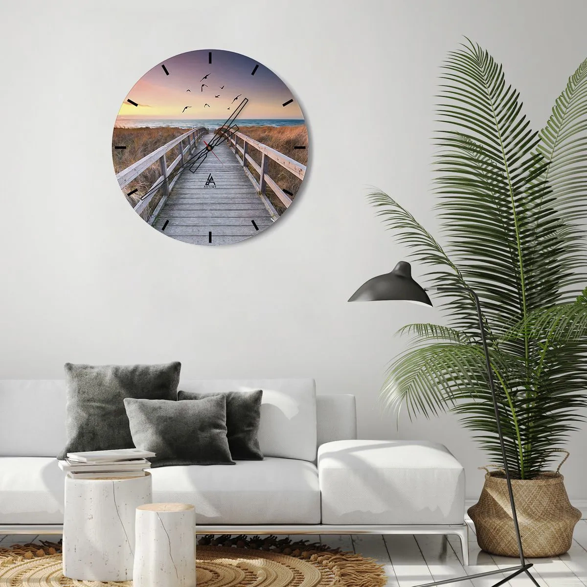 Relógio de parede - Relógio em vidro - Passarela de madeira que leva à praia ao pôr do sol - 30x30cm - O espaço das alturas - Decoração de parede moderna para a sala de estar, cozinha e quarto ARTTOR