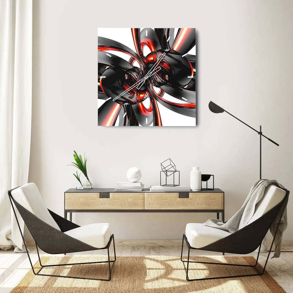 Relógio de parede - Relógio em vidro - Movimento em grafite e vermelho - 30x30 cm