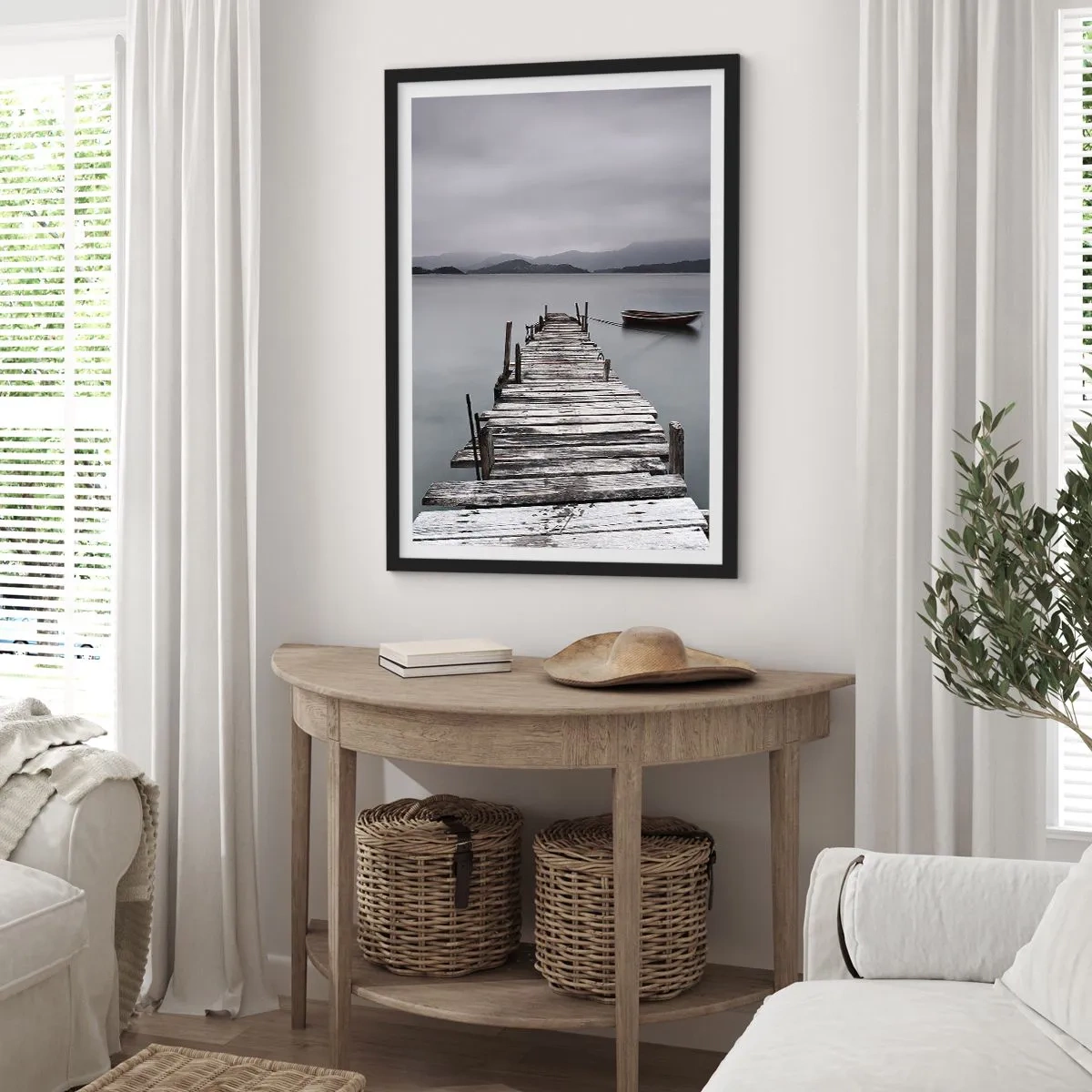Pôster com moldura preta - Um antigo cais com um barco em águas calmas - 50x70cm - Amanhã pode ir - Decoração de parede moderna para a sala de estar e quarto ARTTOR