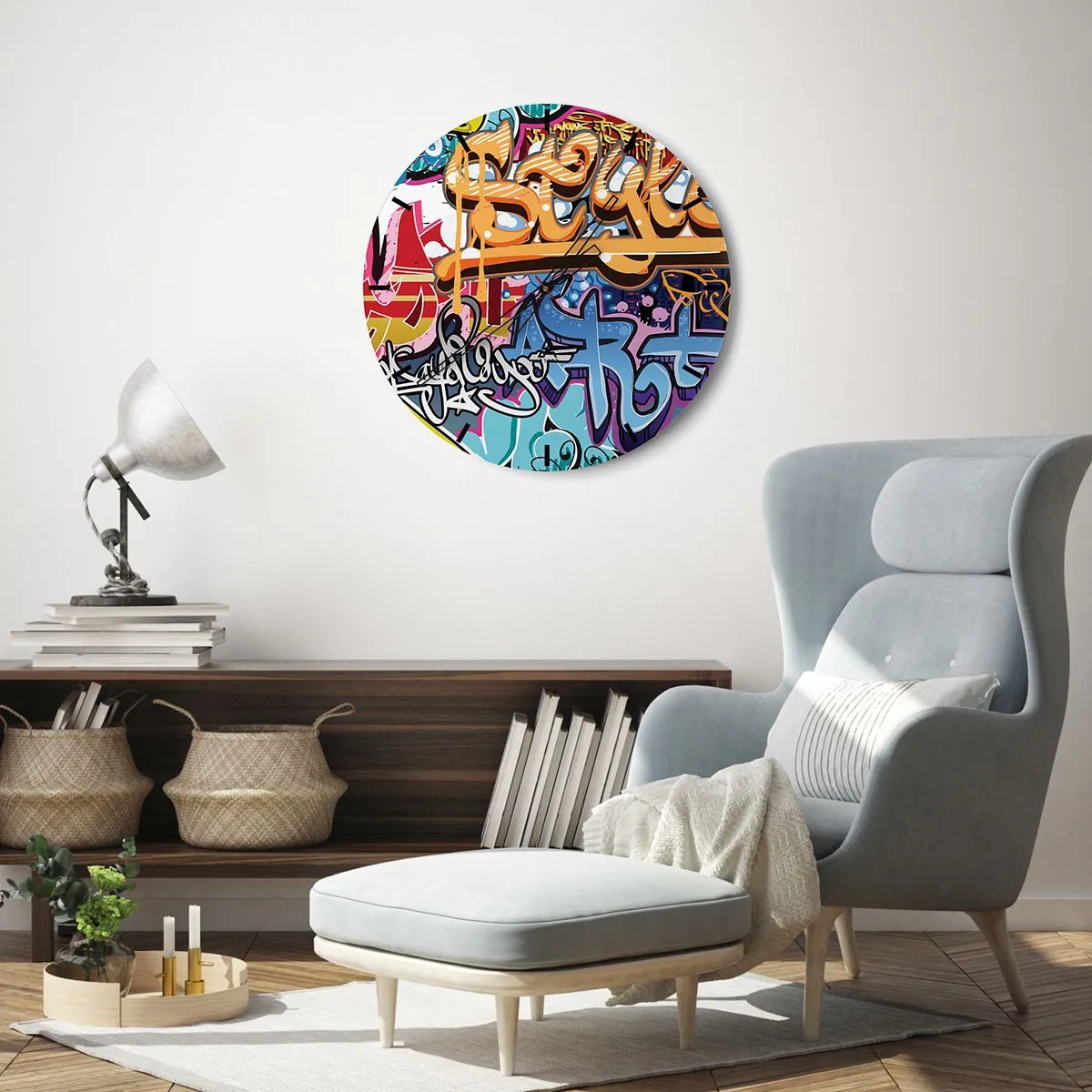 Relógio de parede - Relógio em vidro - Um mostrador de relógio com um motivo de grafite em cores brilhantes - 30x30cm - Murais, murais, murais... - Decoração de parede moderna para a sala de estar, cozinha e quarto ARTTOR