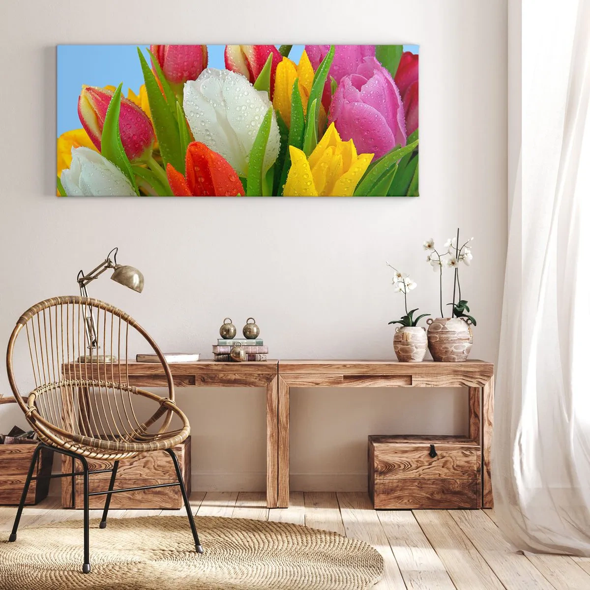 Quadro em tela - Arco-íris floral em gotas de orvalho - 100x40 cm