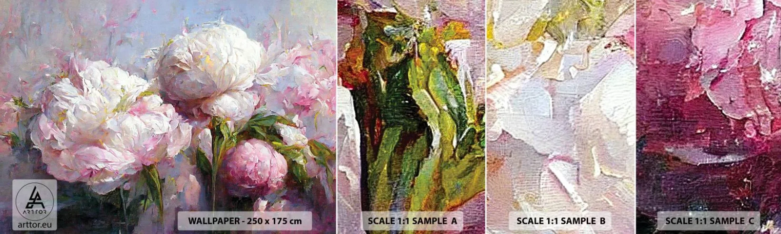 Amostra de Papel de Parede Standard Eco - Um buquê cheio de vida - Flores, Peônias, Classicismo - 100x30 cm