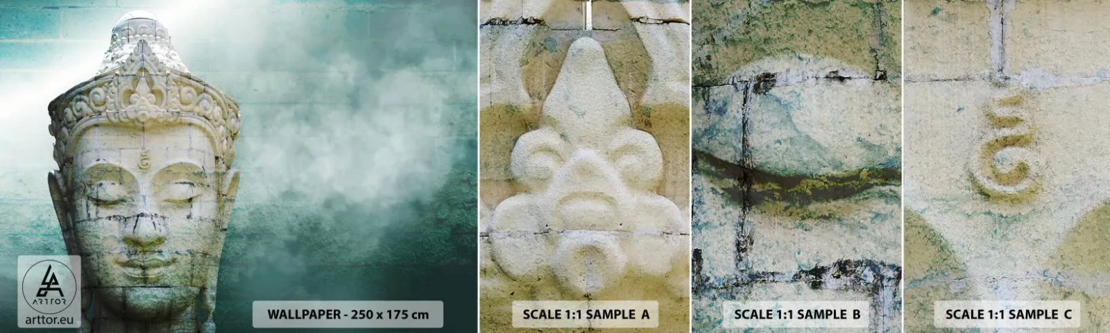 Amostra de papel de parede autocolante Deluxe Sticker - Em busca da luz - Buda, estátua de Buda, Ásia - 100x30 cm