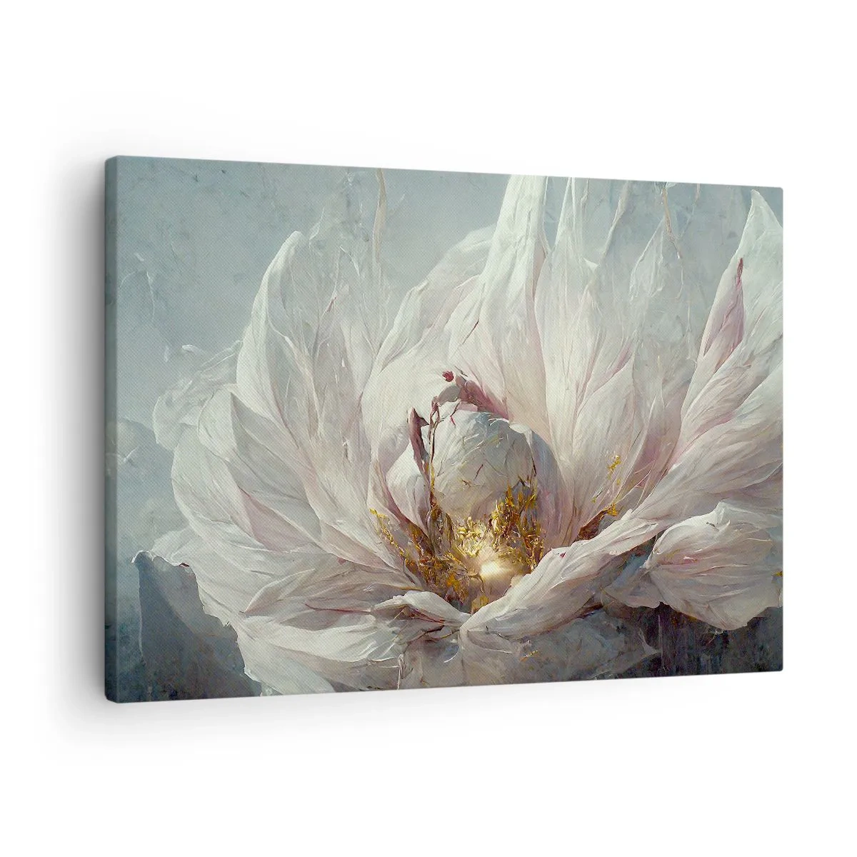 Quadro em tela - Uma delicada flor branca com sutis detalhes dourados - 70x50cm - Floresce uma vez a cada cem anos - Decoração de parede moderna para a sala de estar e quarto ARTTOR
