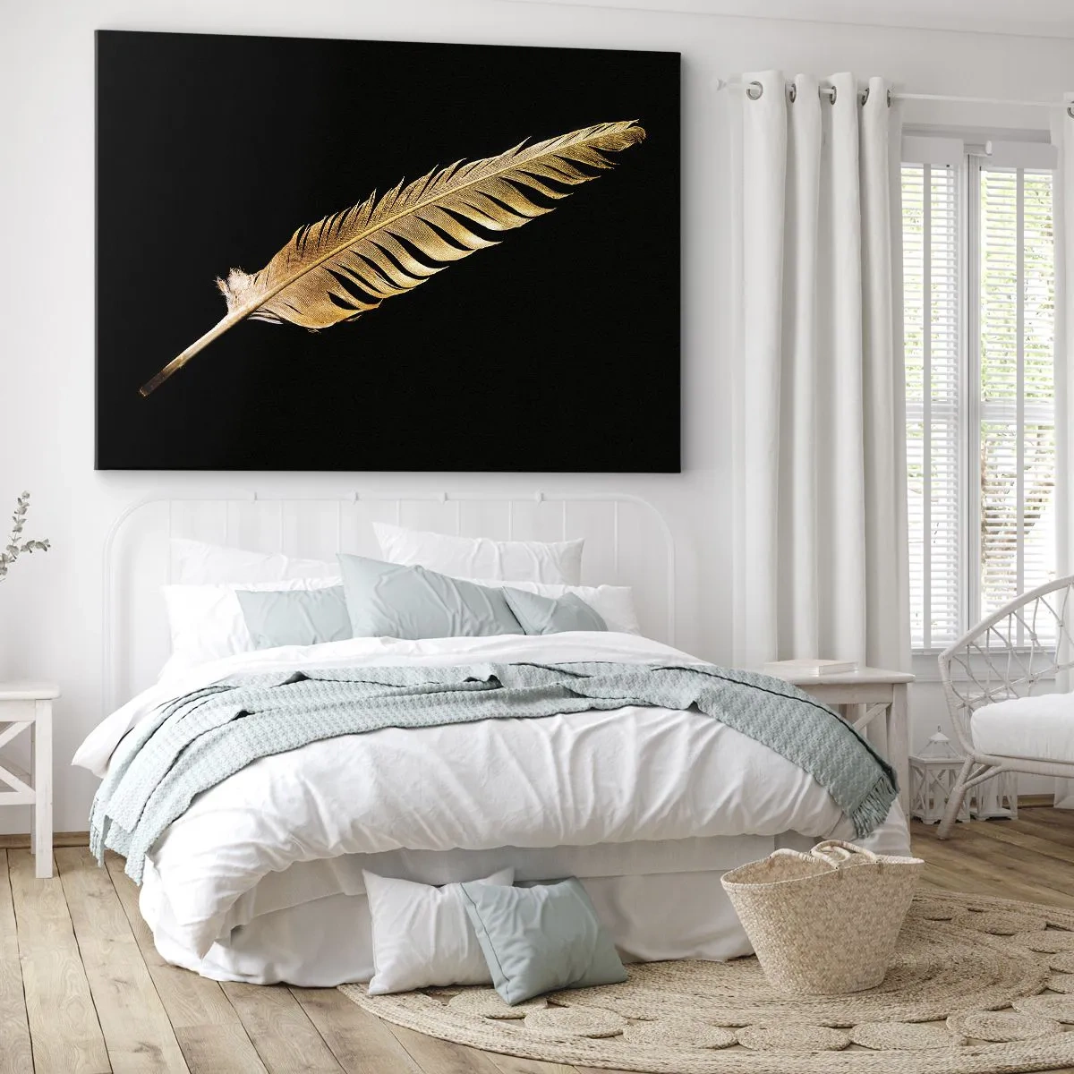Quadro em tela - Pena dourada sobre fundo preto - 70x50cm - É uma pena - Decoração de parede moderna para a sala de estar e quarto ARTTOR