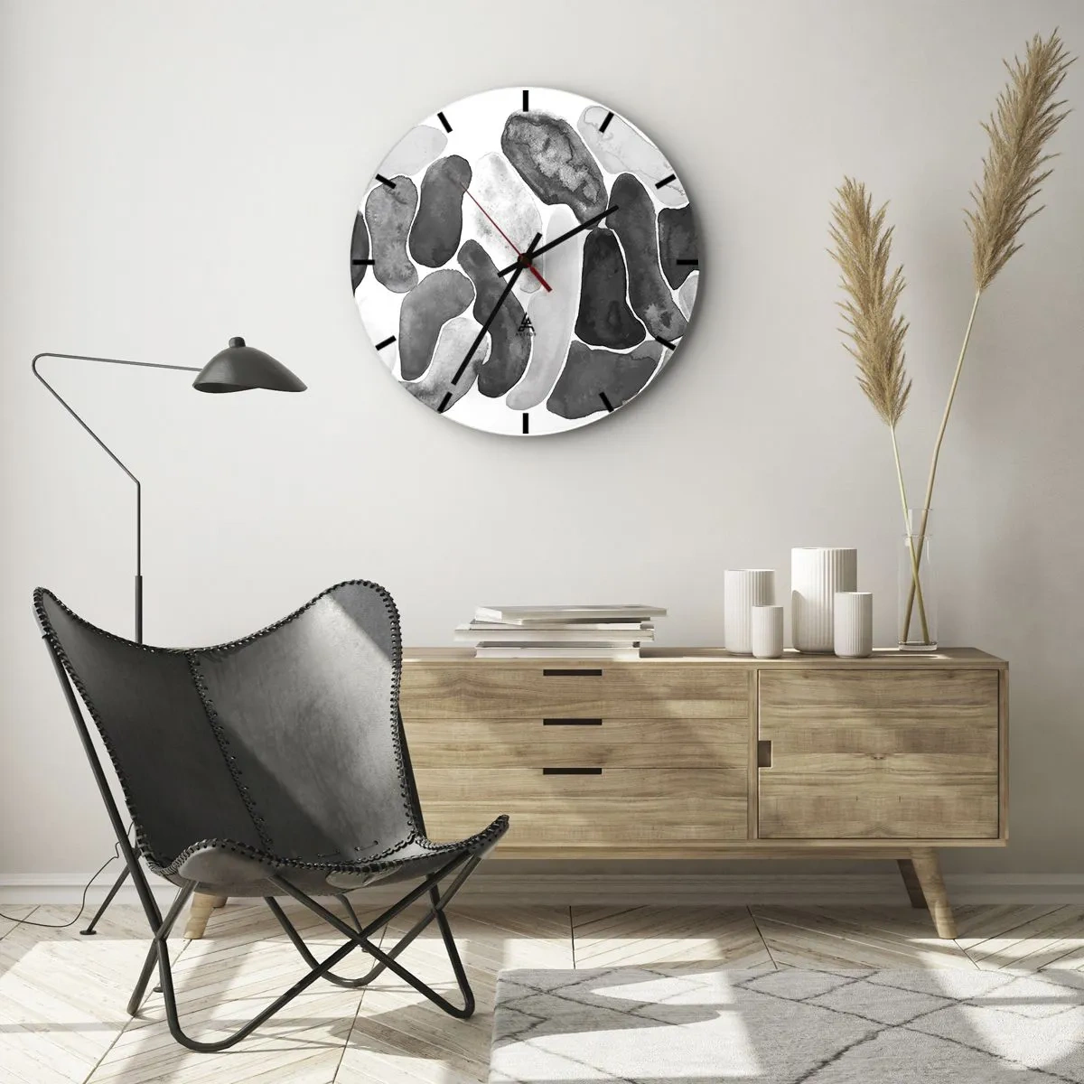 Relógio de parede - Relógio em vidro - Formas orgânicas cinzas que lembram pedras - 30x30cm - Abstração rochosa - Decoração de parede moderna para a sala de estar, cozinha e quarto ARTTOR
