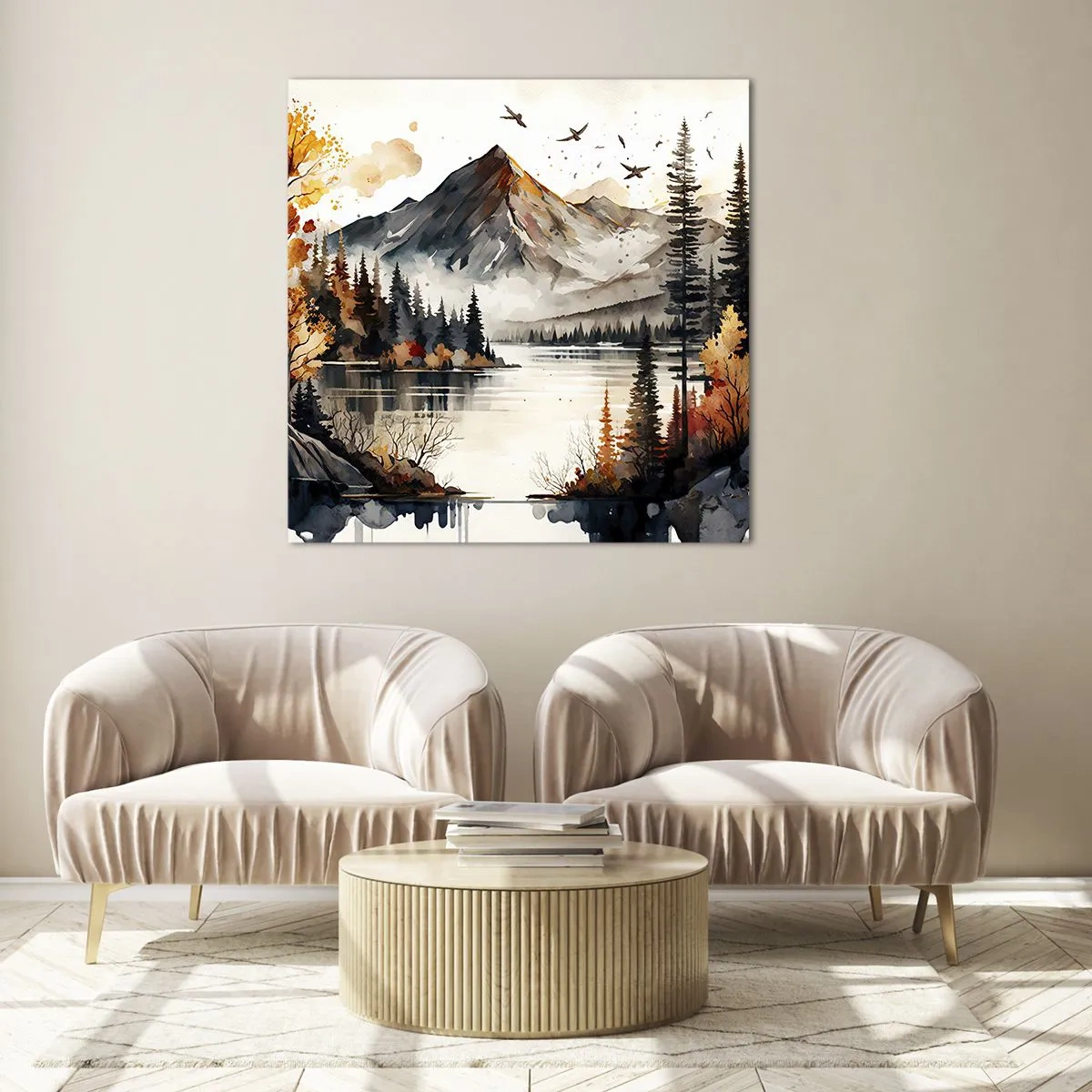Quadro em vidro - Outono dourado nas montanhas - 30x30 cm
