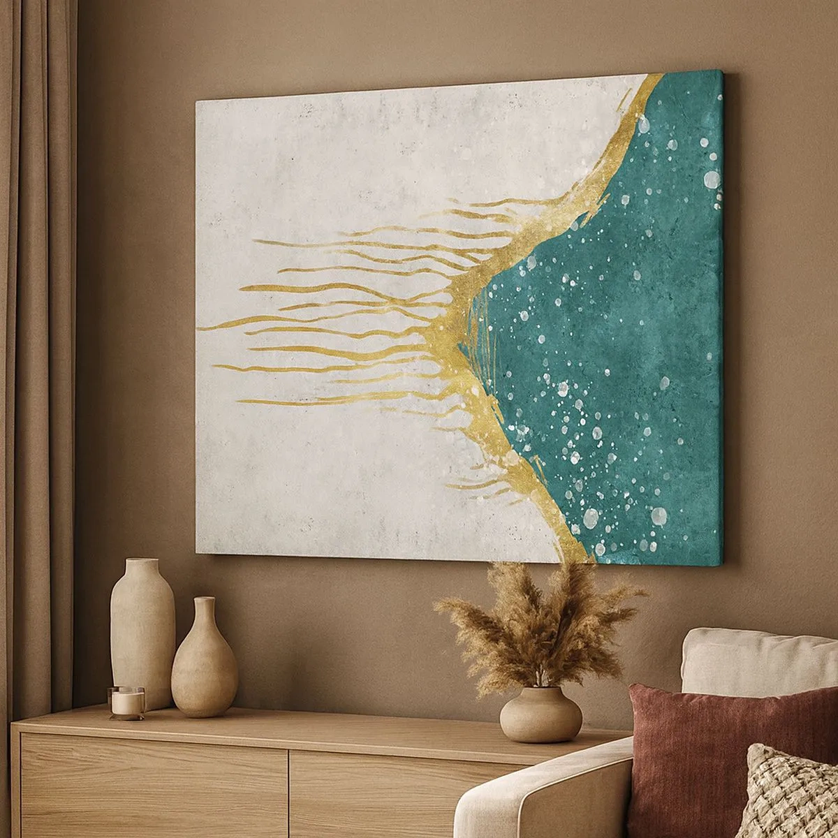 Quadro em tela - Uma composição abstrata em tons de dourado e turquesa - 70x50cm - Maré Dourada - Decoração de parede moderna para a sala de estar e quarto ARTTOR