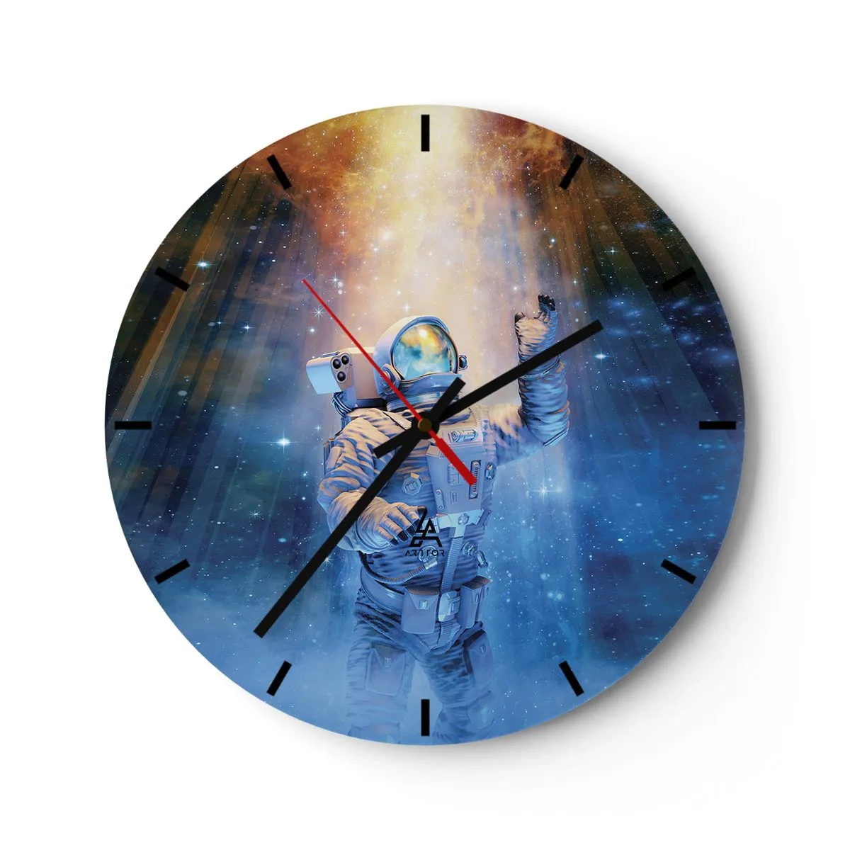 Relógio de parede - Relógio em vidro - Um astronauta vagando pelo espaço sob a luz das estrelas - 30x30cm - Finalmente chegamos - Decoração de parede moderna para a sala de estar, cozinha e quarto ARTTOR