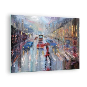 Quadro em vidro - Cena da cidade à noite com chuva e luzes coloridas - 70x50cm - Tarde chuvosa na cidade - Decoração de parede moderna para a sala de estar e quarto ARTTOR