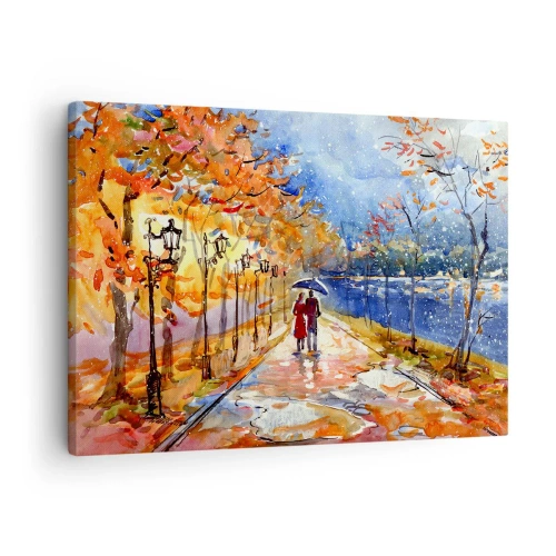 Quadro em tela - Um passeio de outono no parque na margem do rio sob um guarda-chuva - 70x50cm - Juntos até ao limite do tempo - Decoração de parede moderna para a sala de estar e quarto ARTTOR
