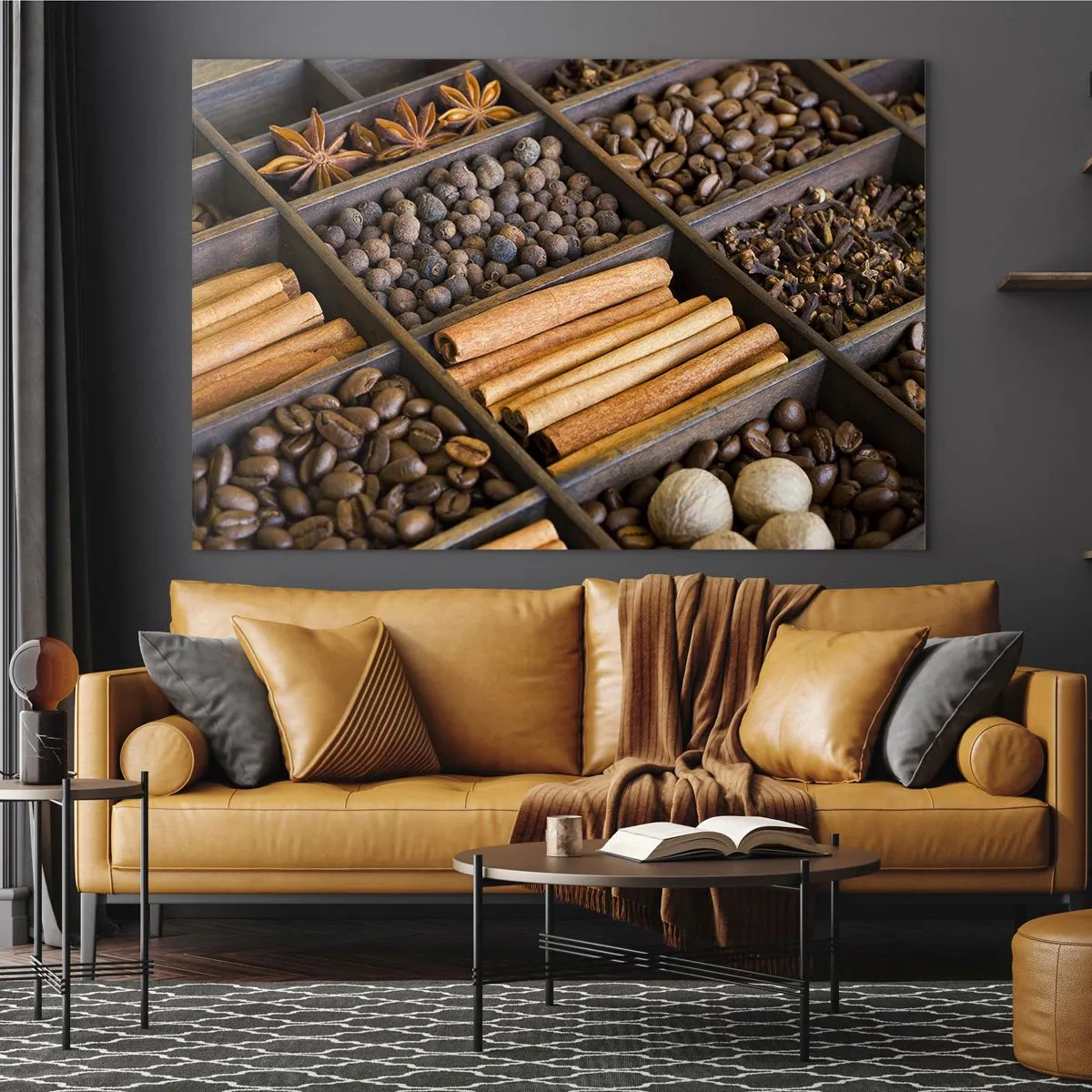 Quadro em vidro - Especiarias em compartimentos de madeira - 70x50cm - Um tesouro de aromas - Decoração de parede moderna para a sala de estar e quarto ARTTOR