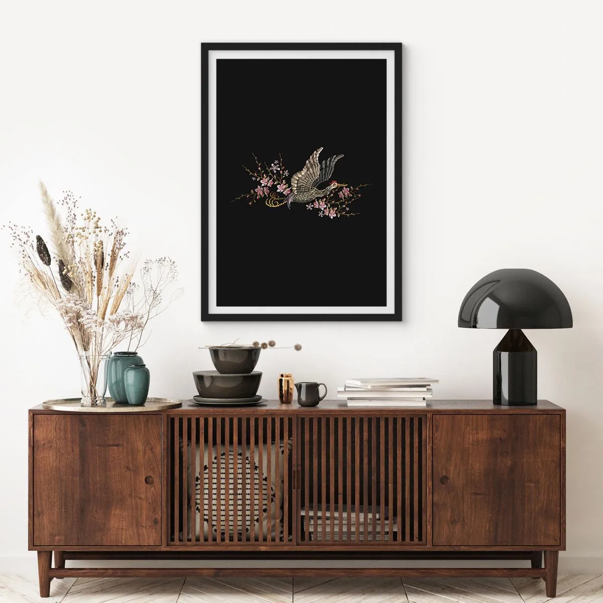 Pôster com moldura preta - Pássaro exótico e bordado - 61x91 cm