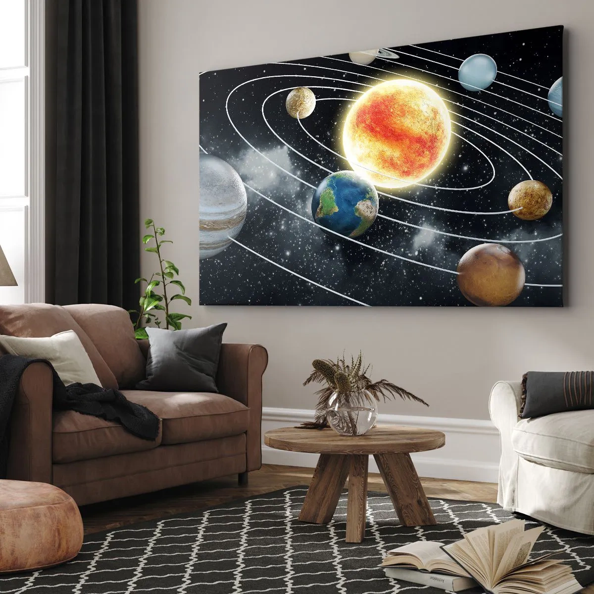 Quadro em tela - Sistema solar com planetas e sol no espaço - 70x50cm - Dança espacial - Decoração de parede moderna para a sala de estar e quarto ARTTOR