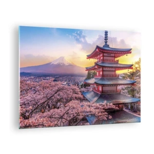 Quadro em vidro - Um pagode em uma paisagem japonesa com vista para o Monte Fuji e árvores floridas - 70x50cm - A essência do espírito japonês - Decoração de parede moderna para a sala de estar e quarto ARTTOR