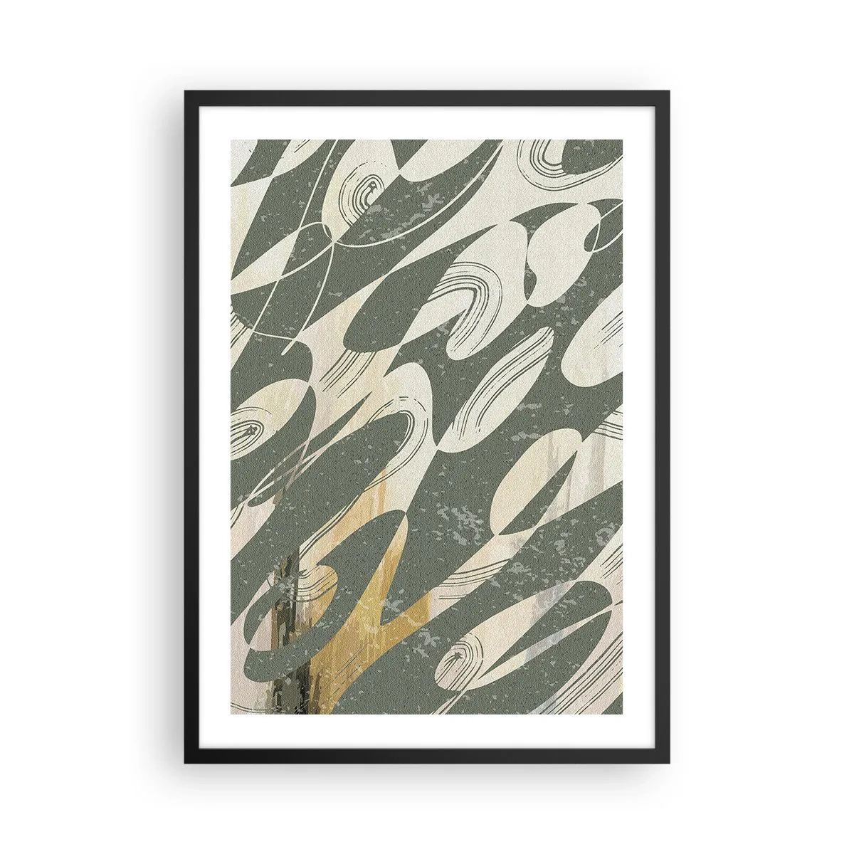 Pôster com moldura preta - Uma composição abstrata de formas orgânicas em verde e bege. - 50x70cm - Abstração rítmica - Decoração de parede moderna para a sala de estar e quarto ARTTOR