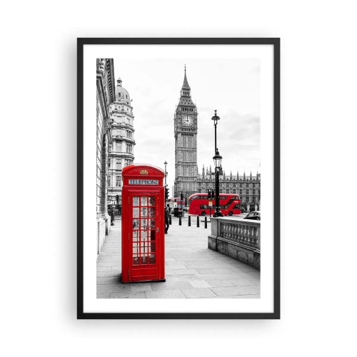 Pôster com moldura preta - Uma cabine telefônica vermelha com o Big Ben e um ônibus ao fundo. - 50x70cm - Sem dúvida, Londres - Decoração de parede moderna para a sala de estar e quarto ARTTOR