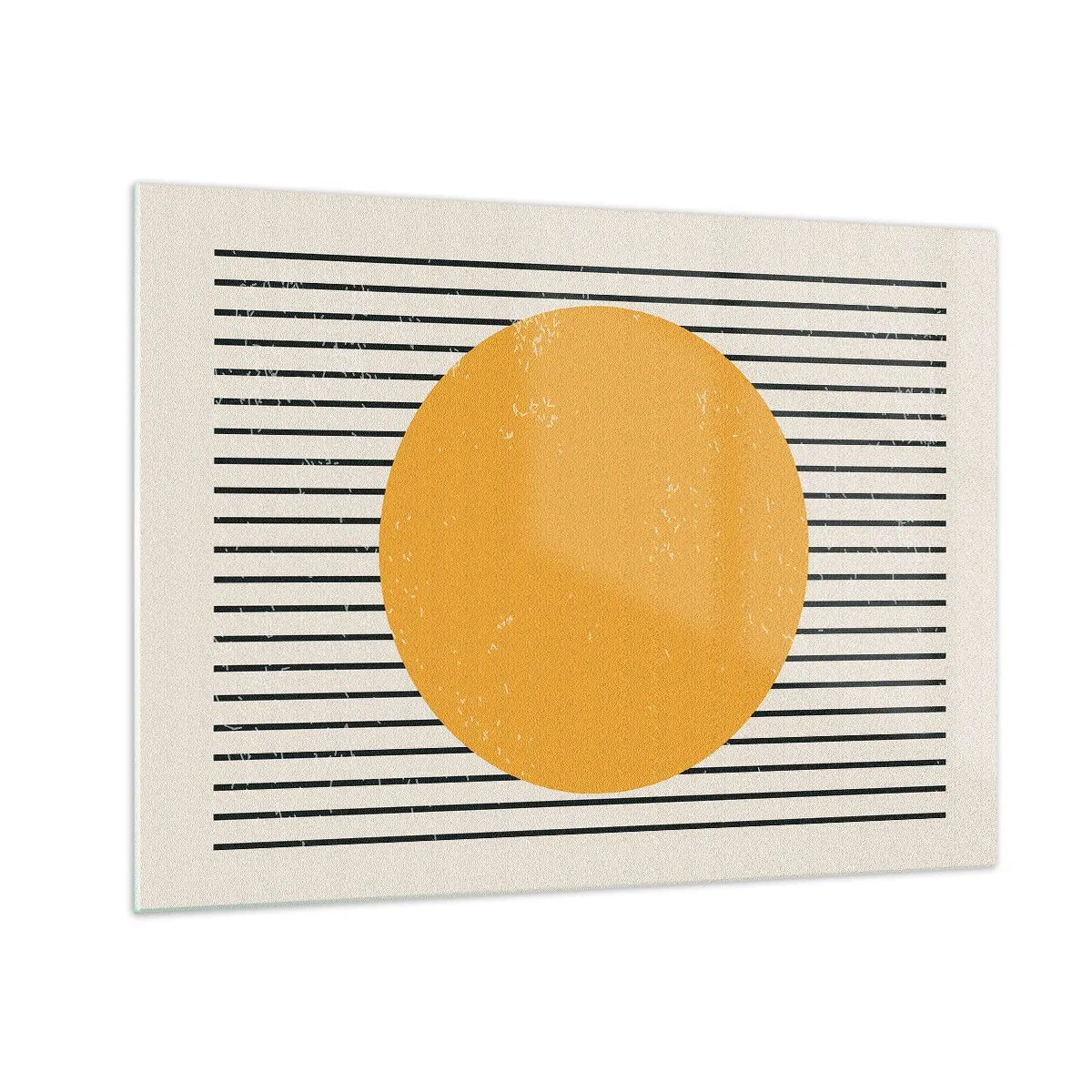 Quadro em vidro - Um círculo laranja sobre um fundo de linhas pretas horizontais em um fundo bege. - 70x50cm - O poder da simplicidade - Decoração de parede moderna para a sala de estar e quarto ARTTOR