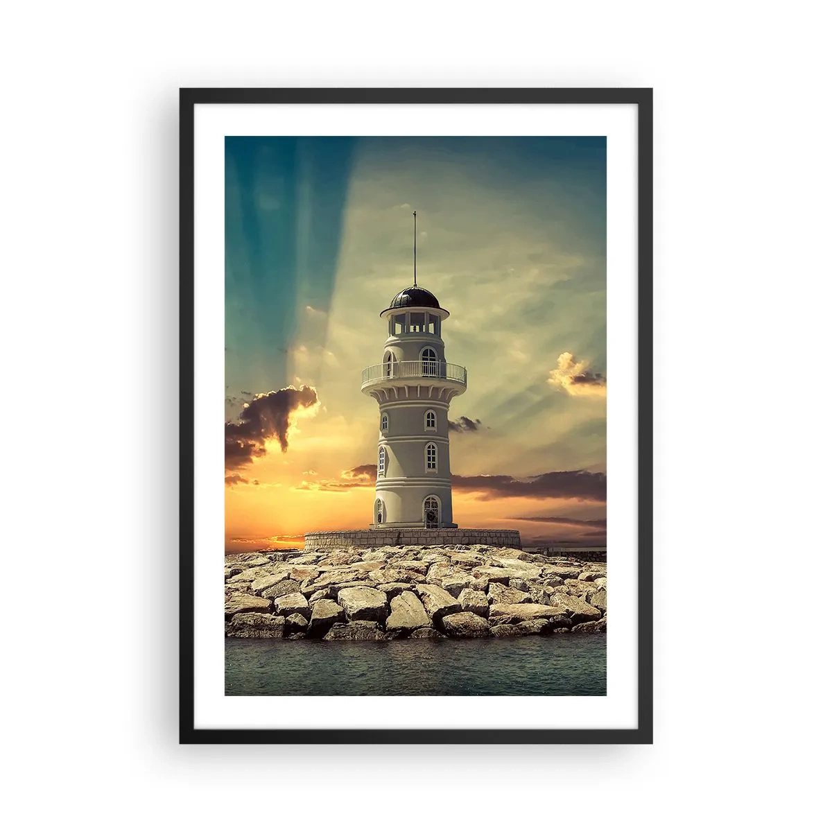 Pôster com moldura preta - Farol ao pôr do sol - 50x70cm - Luz - Bondade - Beleza - Decoração de parede moderna para a sala de estar e quarto ARTTOR