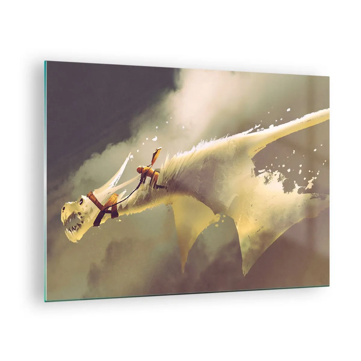 Quadro em vidro - Uma figura nas costas de um dragão branco em uma paisagem enevoada - 70x50cm - A resgatar o mundo - Decoração de parede moderna para a sala de estar e quarto ARTTOR