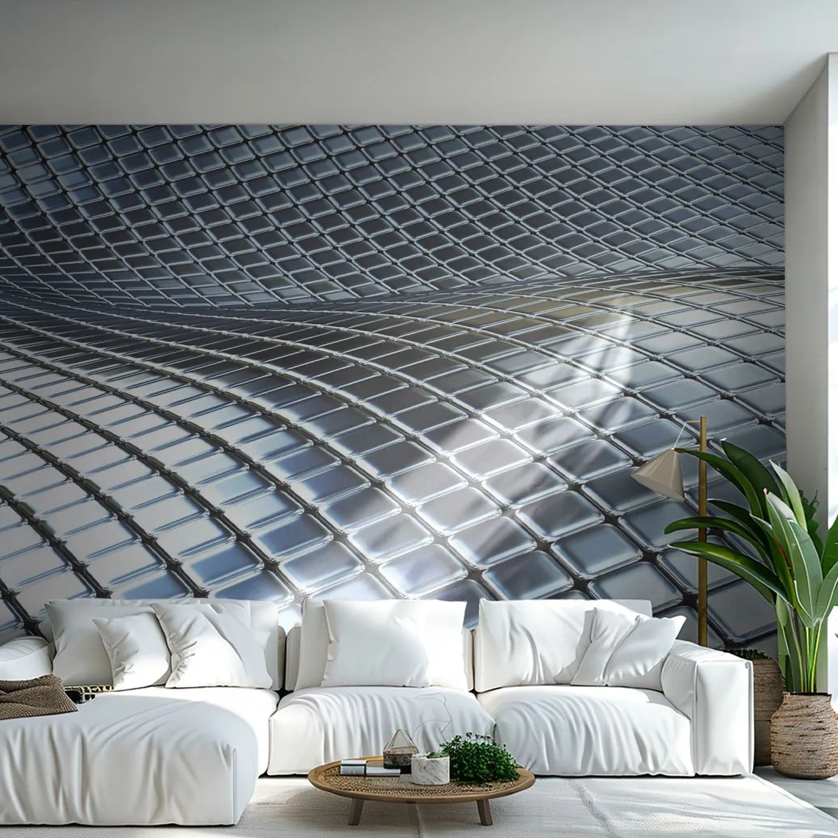 Papel de Parede Standard Eco - Onda de prata metálica - Abstração, Gráficos, Pedaço - 250x175 cm
