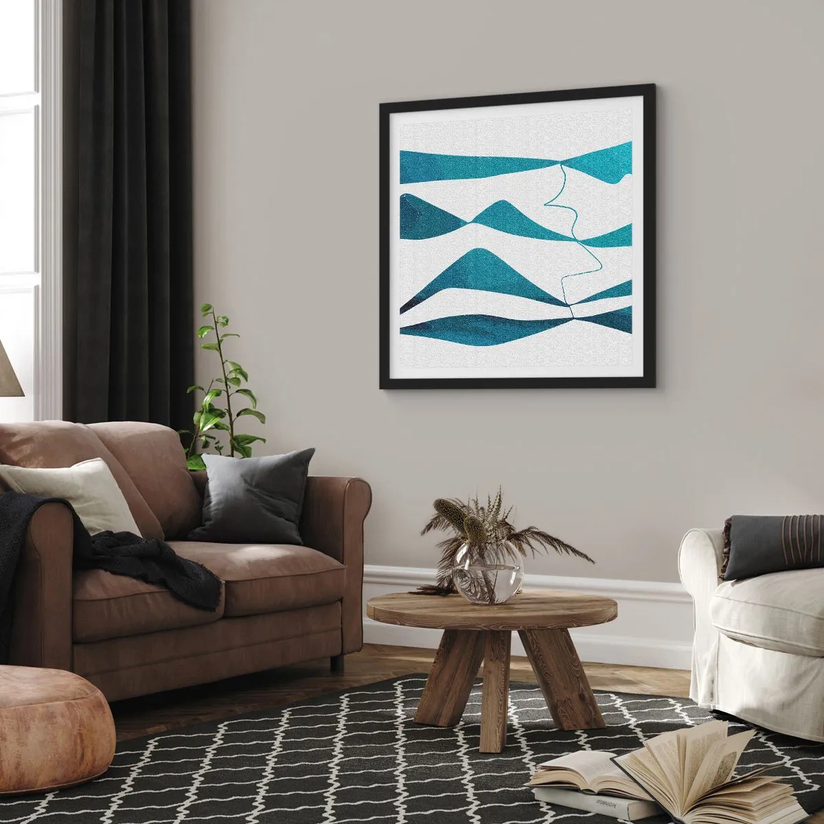 Pôster com moldura preta - Abstração: composto turquesa - 60x60 cm