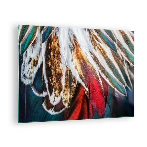Quadro em vidro - Penas coloridas em uma rica paleta de cores com uma textura distinta - 70x50cm - Segredos de vôo - Decoração de parede moderna para a sala de estar e quarto ARTTOR