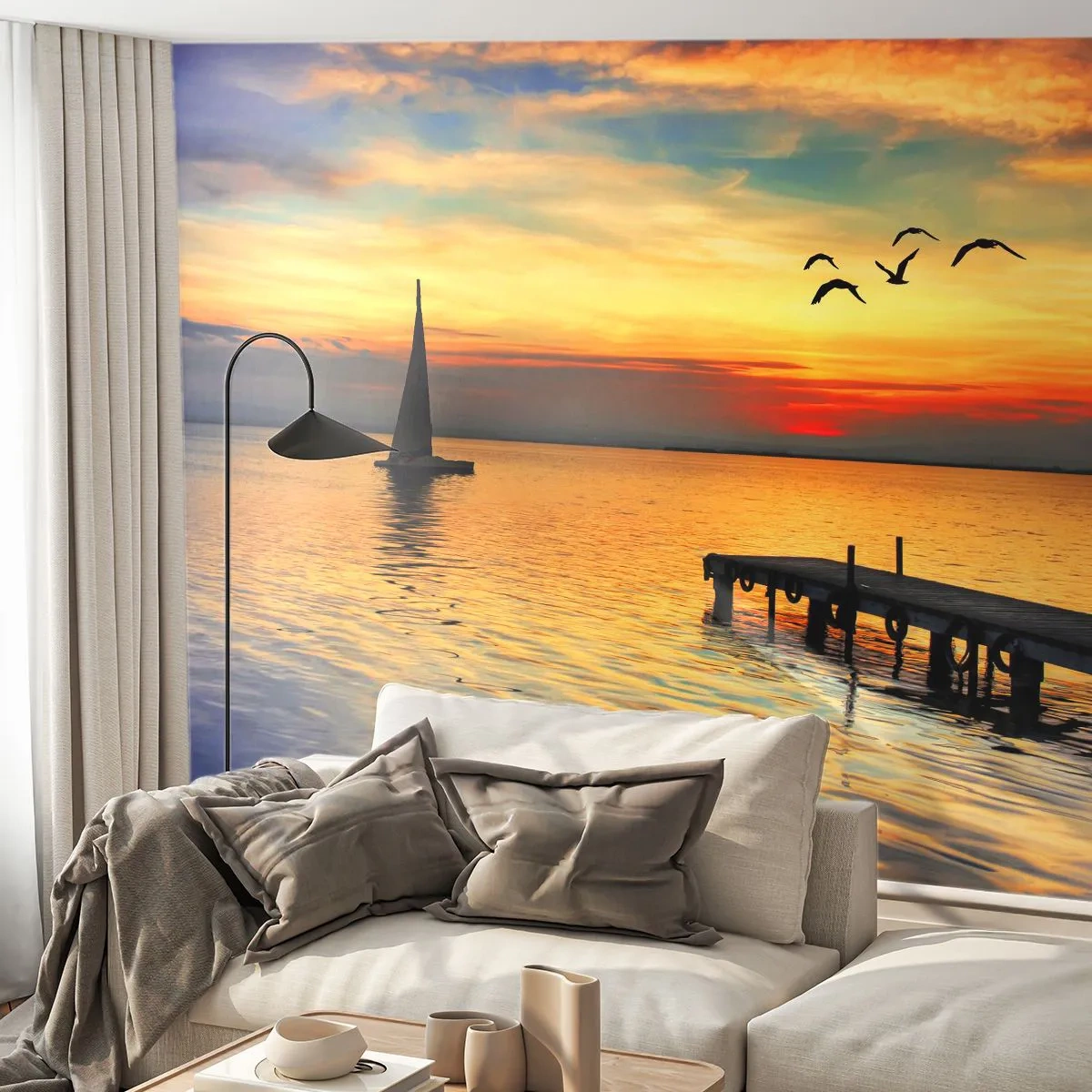 Papel de Parede Autocolante Deluxe Sticker - Regressos noturnos - Paisagem, Barco a vela, Pôr do sol - 250x175 cm