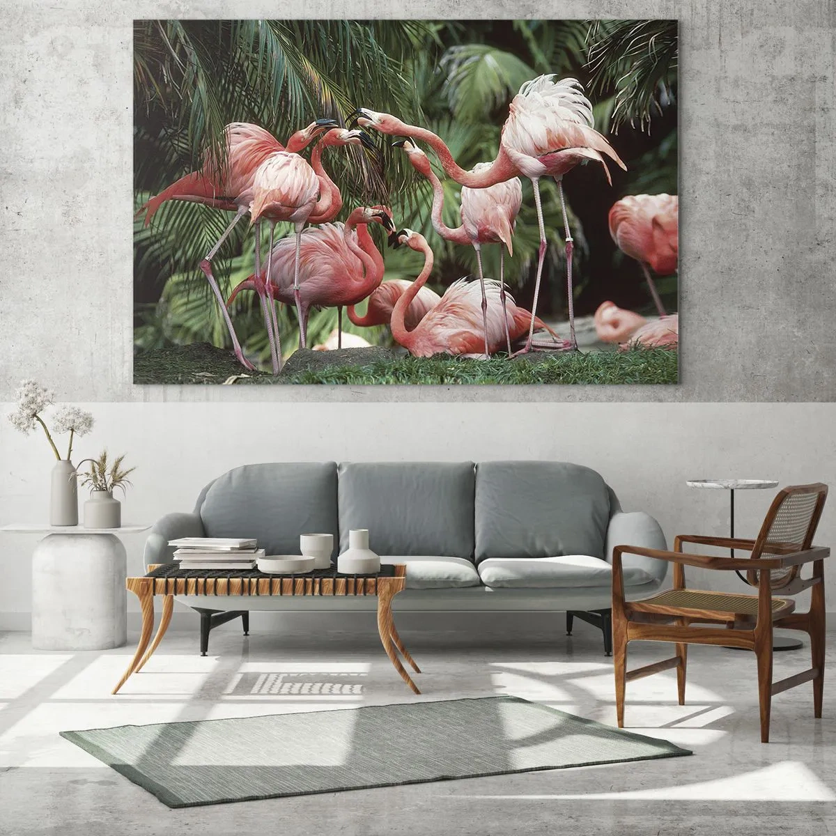 Quadro em vidro - Flamingos entre a vegetação tropical em cores vivas - 70x50cm - Fofocas da tarde - Decoração de parede moderna para a sala de estar e quarto ARTTOR