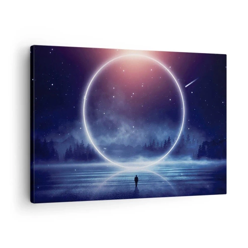 Quadro em tela - Uma paisagem mágica com uma figura e um círculo de luz à noite - 70x50cm - Eles já estão aqui... - Decoração de parede moderna para a sala de estar e quarto ARTTOR