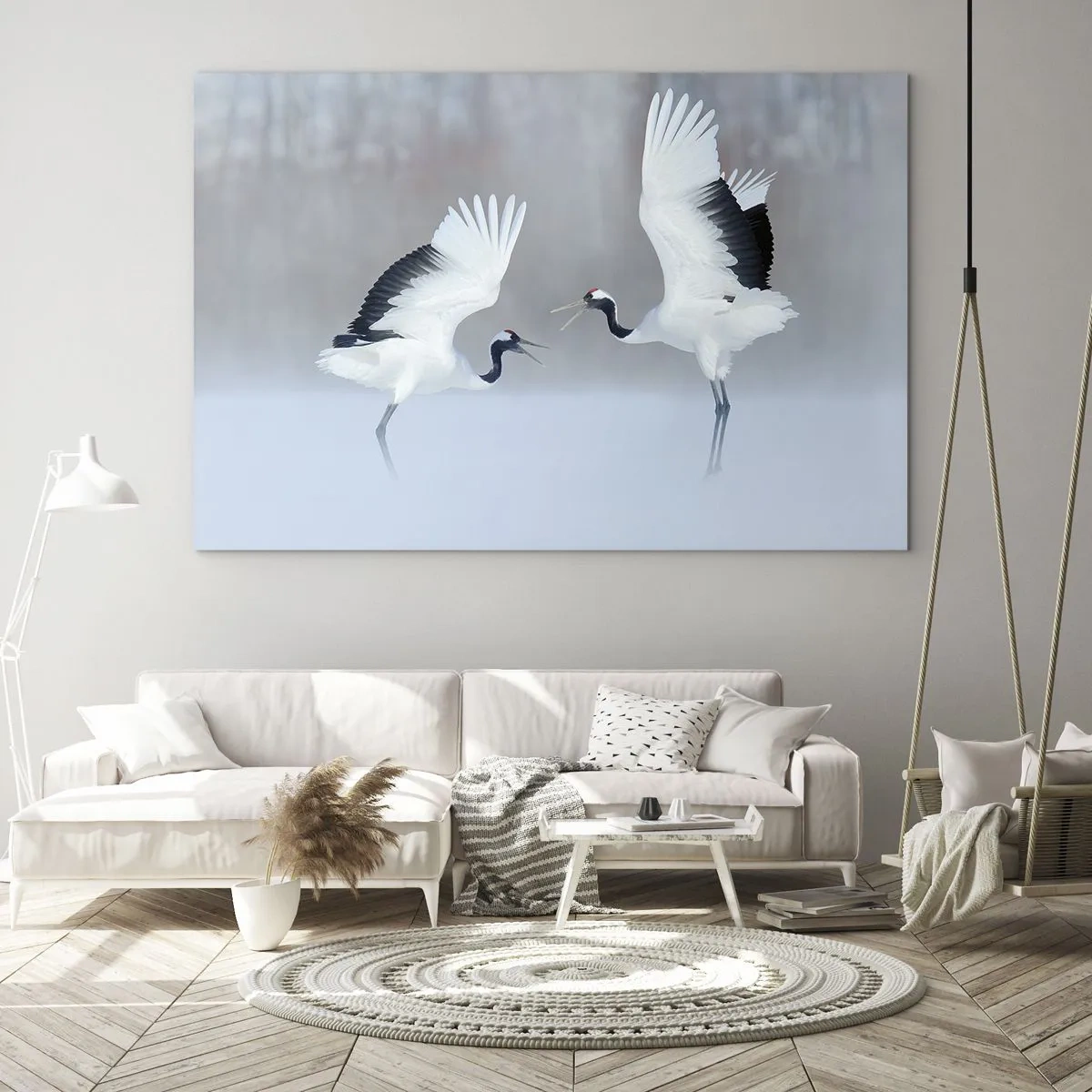 Quadro em vidro - Guindastes dançantes tendo como pano de fundo uma paisagem de inverno - 70x50cm - Dança no nevoeiro - Decoração de parede moderna para a sala de estar e quarto ARTTOR