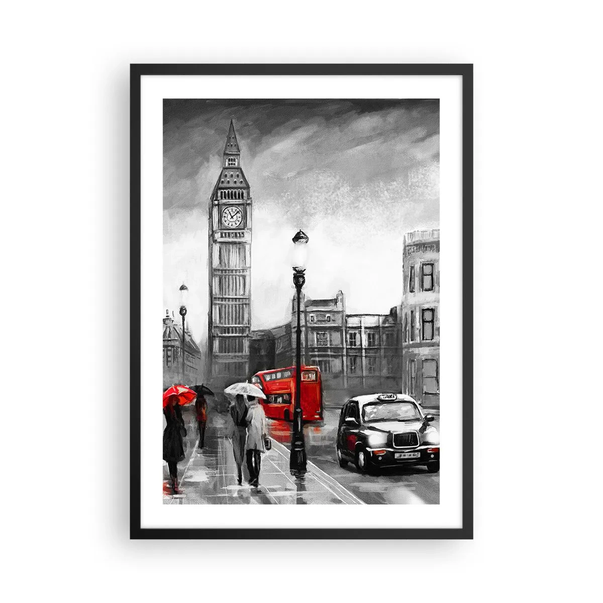 Pôster com moldura preta - Big Ben em um dia chuvoso com detalhes em vermelho - 50x70cm - Não é uma cidade cinzenta - Decoração de parede moderna para a sala de estar e quarto ARTTOR